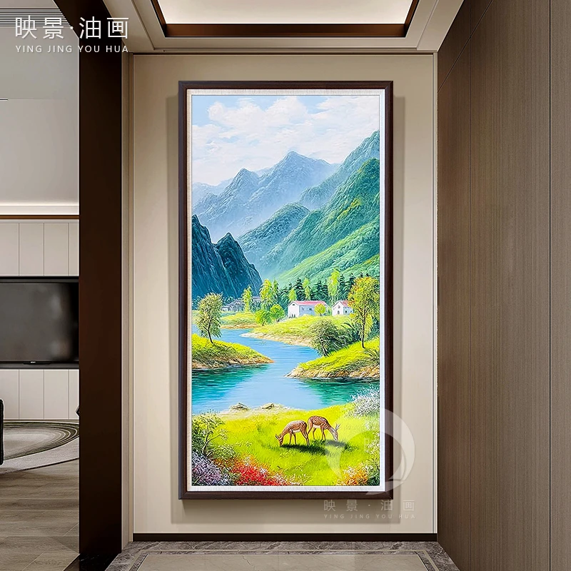 青山绿水风景油画福鹿简约玄关装饰画油画中式过道走廊2025挂画