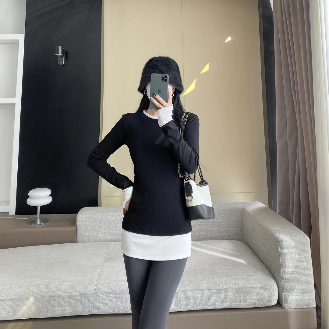 假两件撞色t恤女灰色正肩内搭磨毛长袖打底衫黑色上衣搭配芭比裤