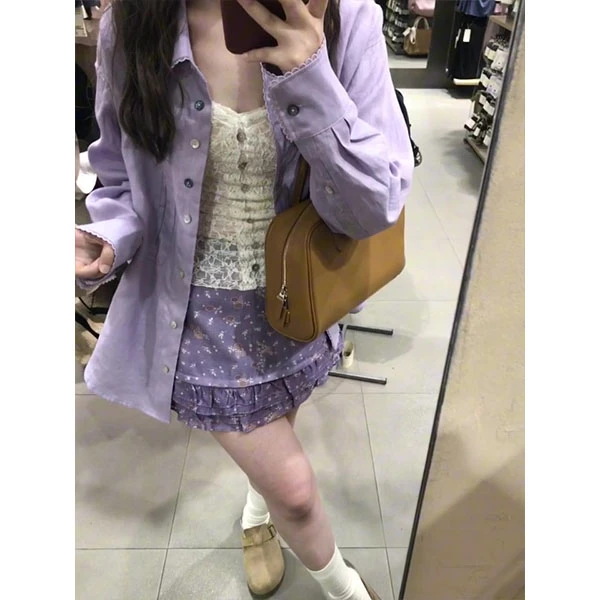 韩系新款气质优雅双层花边短裙碎花紫色半身裙+衬衫+内搭套装