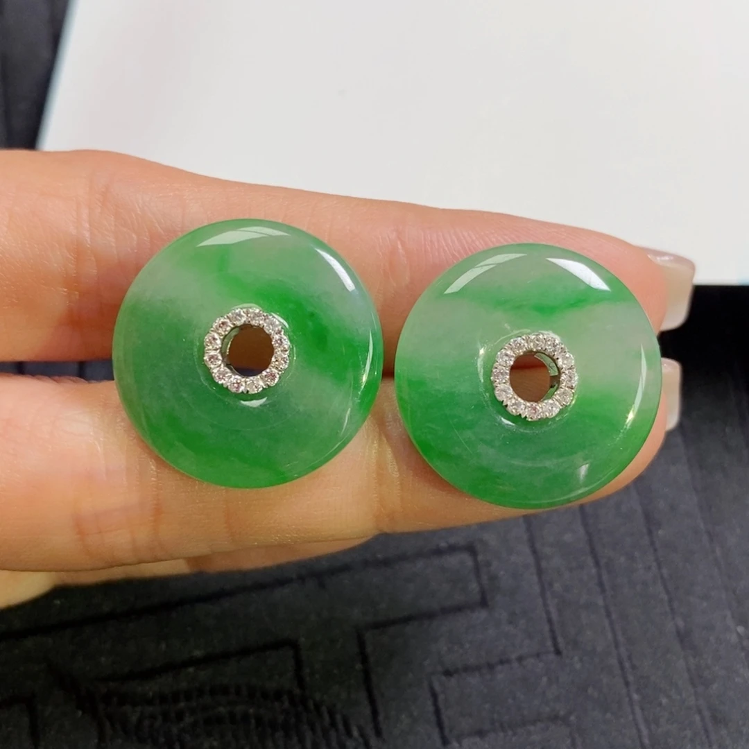 翡翠18K金镶嵌耳饰花青色甜甜圈