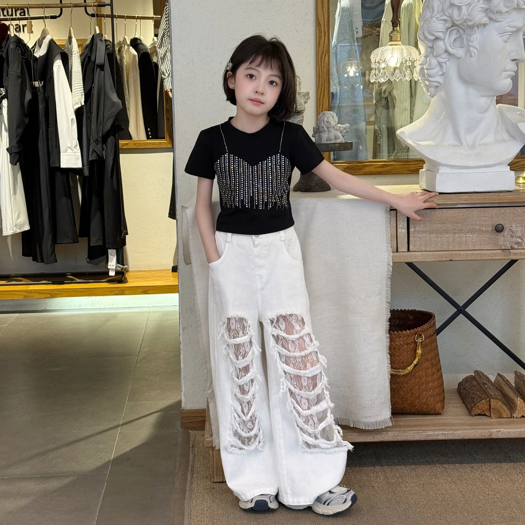 女童2025春夏白色蕾丝拼接破洞牛仔裤宽松显瘦阔腿裤时尚长裤子