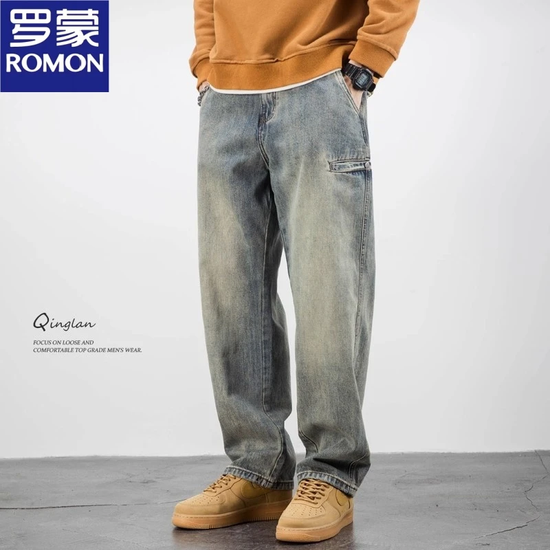 罗蒙美式休闲黄泥染牛仔裤男直筒宽松潮牌长裤复古垂感阔腿秋冬款