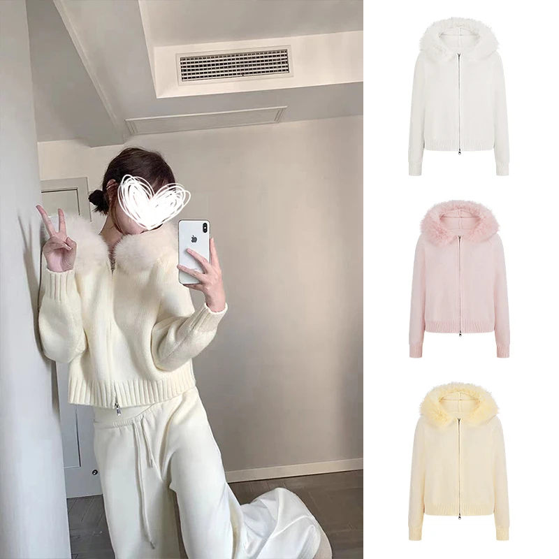 Moses Queen/魔西女王温柔风连帽大毛领毛衣秋冬宽松加厚针织外套