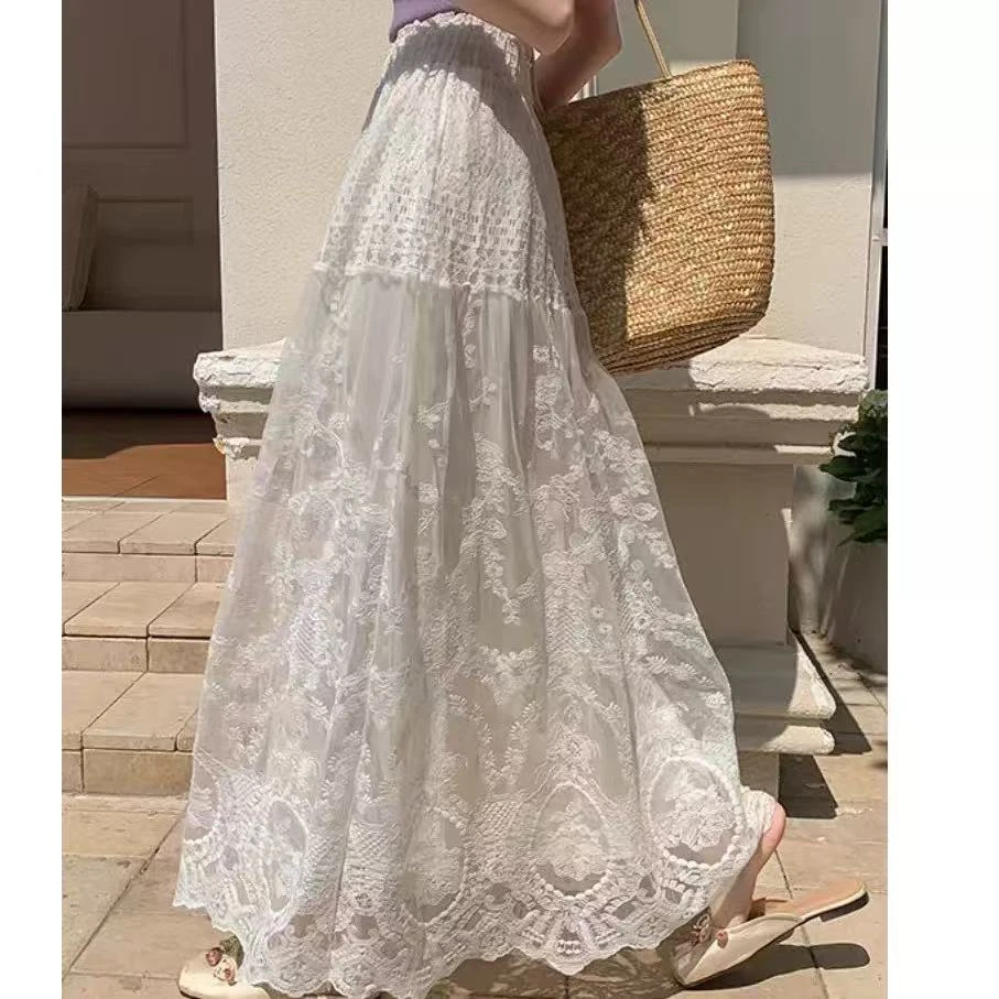 夏140-160斤微胖松紧腰高腰法式白色半身裙上衣女胖mm显瘦遮肉