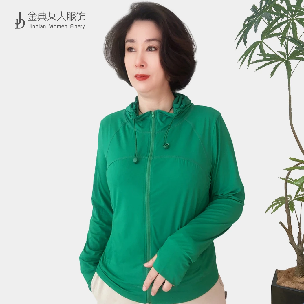 时尚纯色轻薄连帽拉链短外套  休闲春夏大码长袖防晒上衣