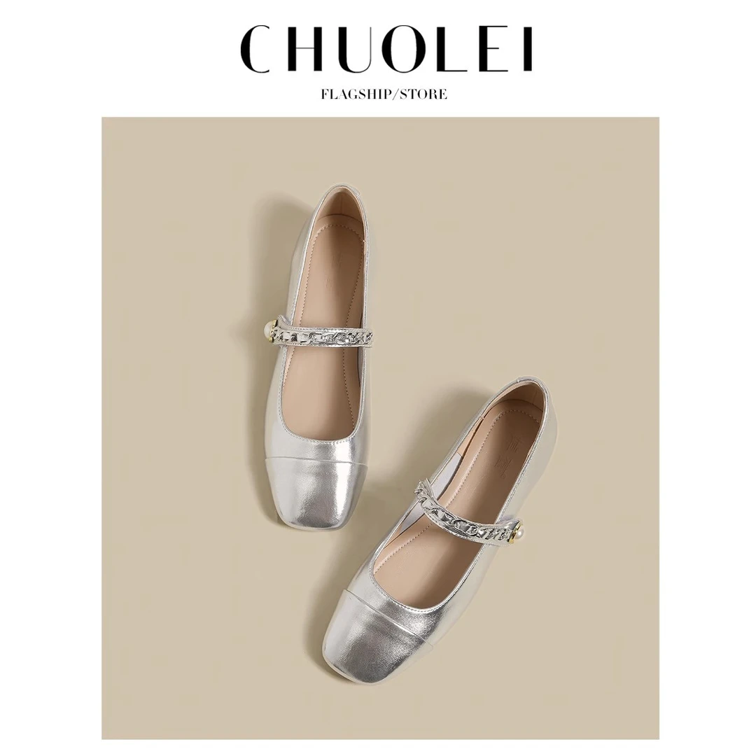 正品银色玛丽珍鞋女复古链条平底单鞋2025春季新款法式浅口小皮鞋