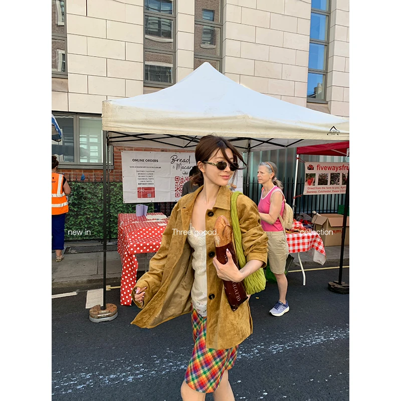 THREE GOOOD/三吉自由巴古 麂皮绒分割衬衫外套宽松女Y725T12302