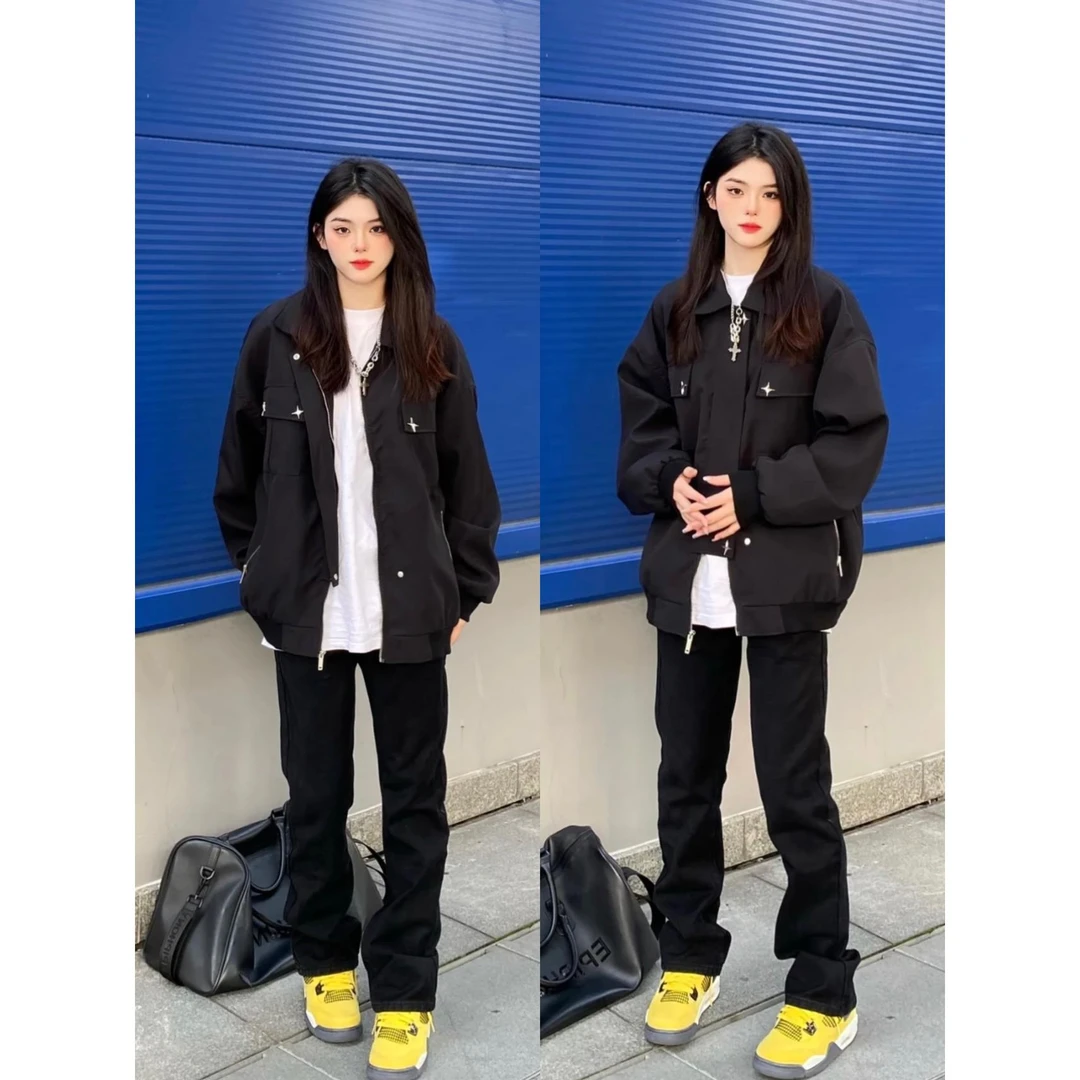 潮走美式覆古街头星星装饰设计男女潮工装夹克宽松休闲 百搭情侣