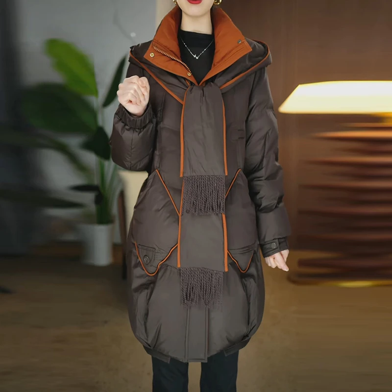 设计感围巾连帽羽绒服女2025年冬季新款中长款时尚百搭白鸭绒外套