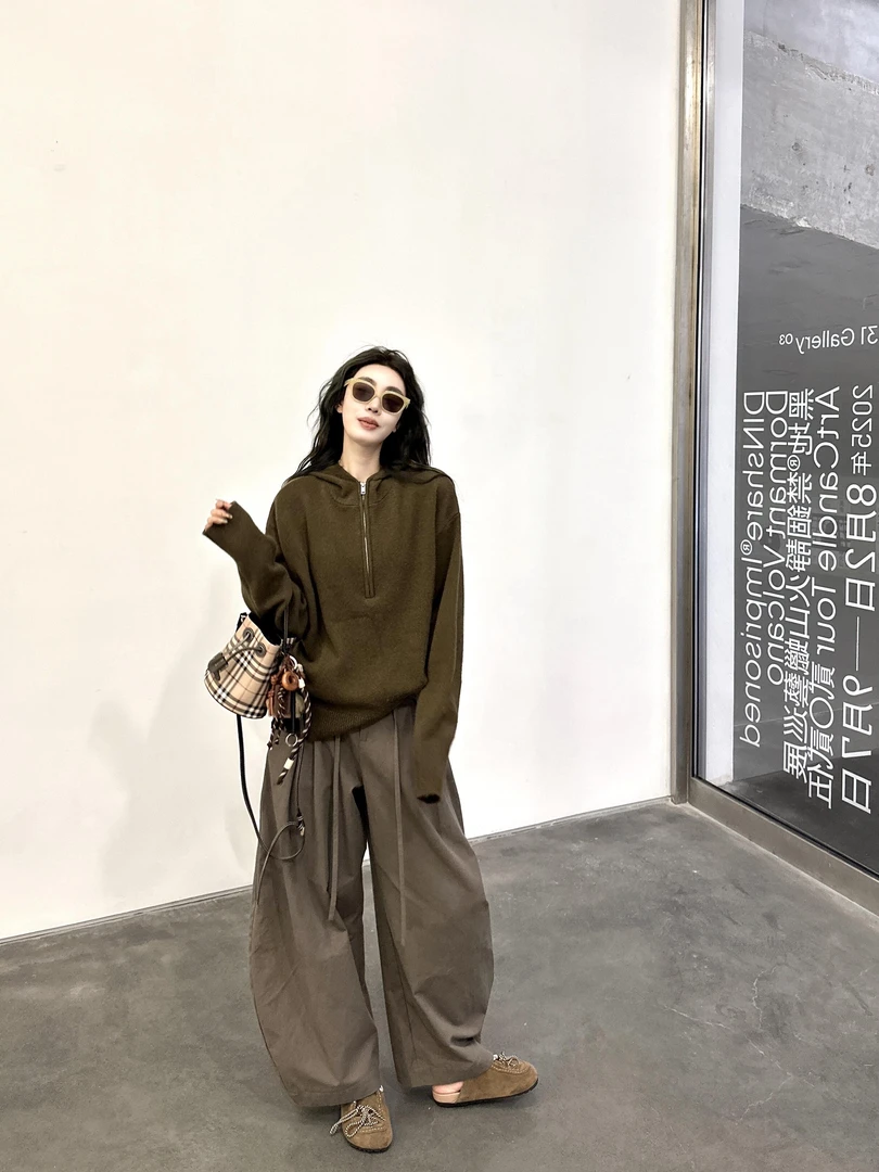 美式复古半拉链连帽毛衣女装秋冬宽松慵懒高级感针织上衣阔腿裤子