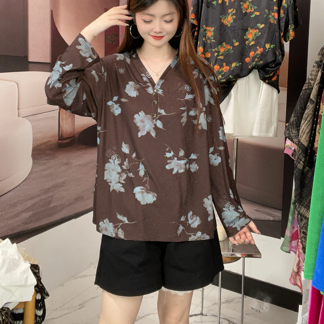 蓝咖色大码女装秋装200斤胖妹妹洋气时尚宽松显瘦长袖T恤衫上衣