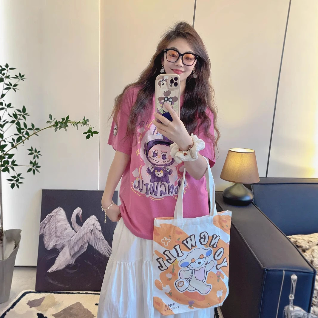 【新款爆款】梦幻布布纸袋家无感卡通印花纯棉短袖T恤女小众设计感