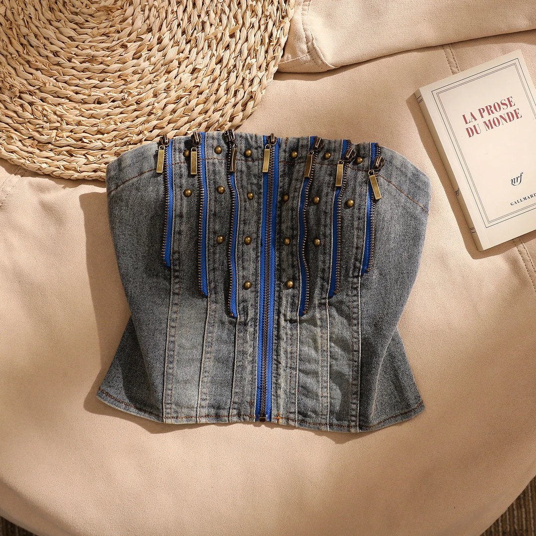 美式辣妹风牛仔抹胸吊带打底背心女爆款2025新款内搭美背无袖上衣