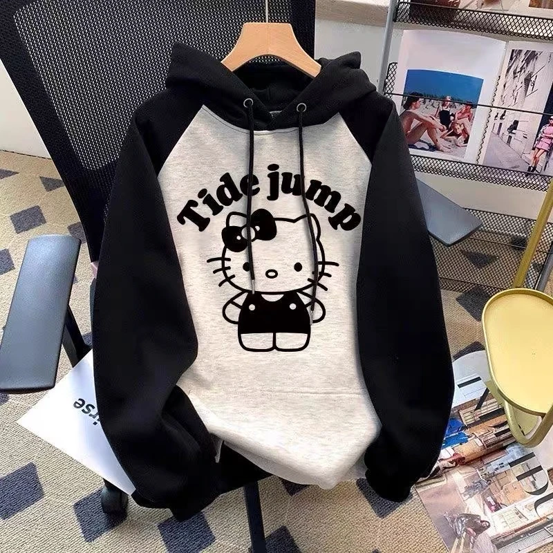 秋冬季新款女童插肩连帽卫衣可爱凯蒂猫印花中大童宽松撞色外套潮