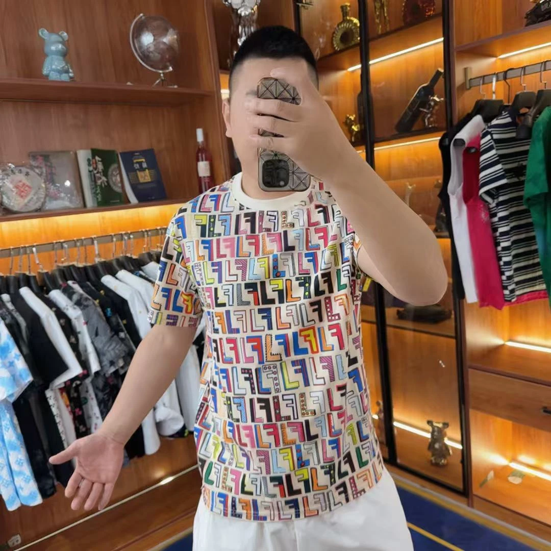 夏季高奢个性圆领上衣时尚撞色短袖t潮流轻奢碎花炫彩满印T恤半袖