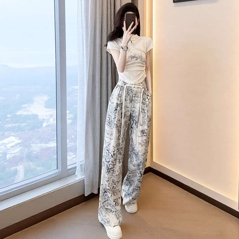 时尚女中国风休闲宽松短袖夏季新中式高腰两件套气质套装