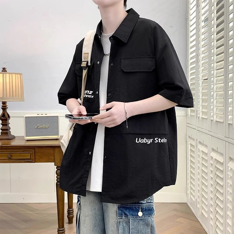 痞帅气短袖衬衫男夏季潮牌宽松工装上衣青少年日系休闲薄款衬衣服