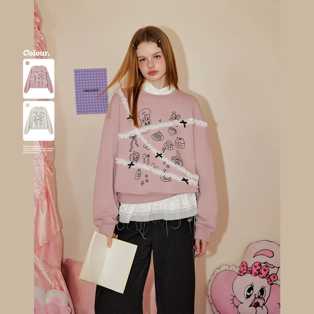 【老板娘夏天】UNIFREE X 艾丝乐蕾丝拼接卫衣U244A807G1G1