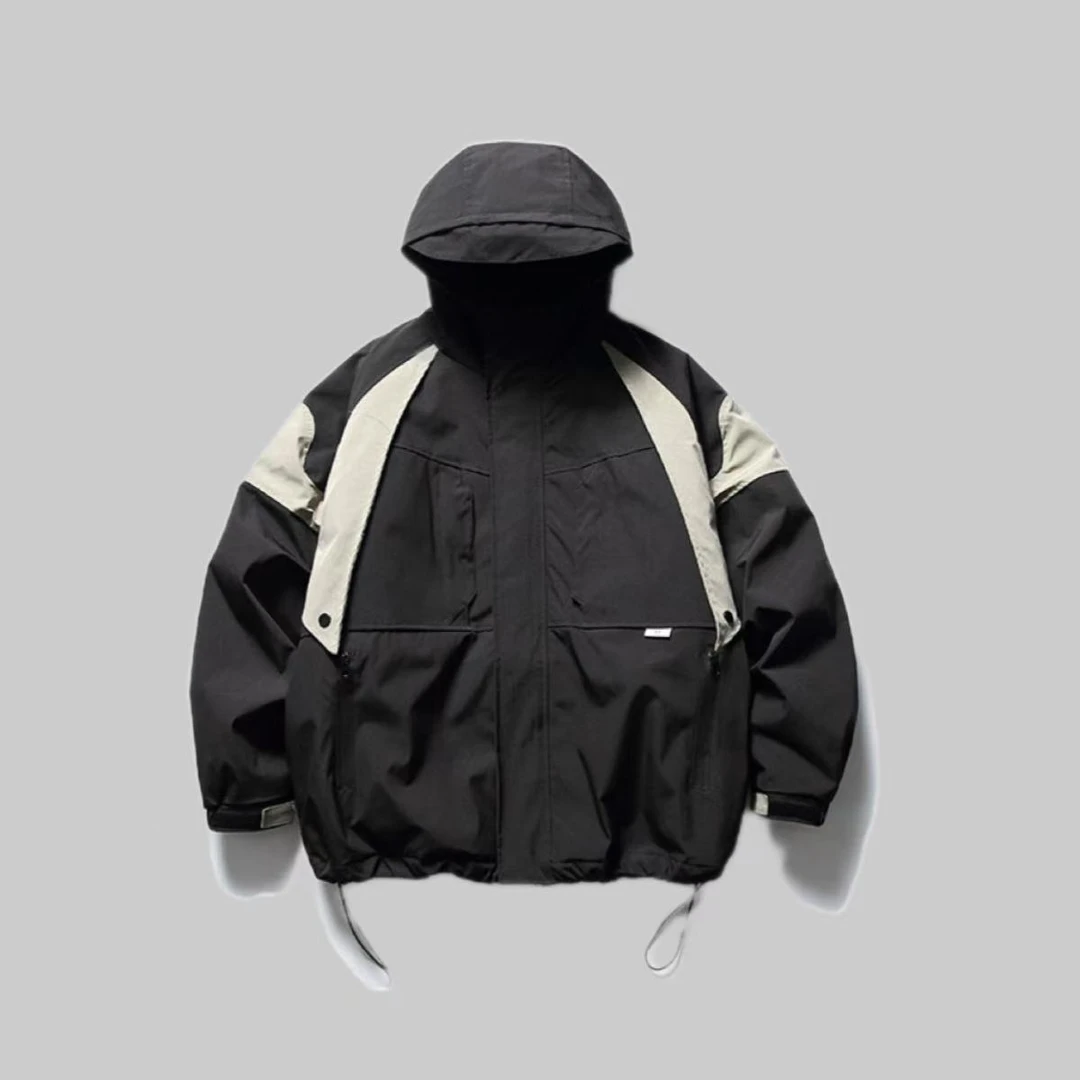 N354C 冬季新款撞色拼接连帽棉衣日系复古户外夹棉冲锋衣