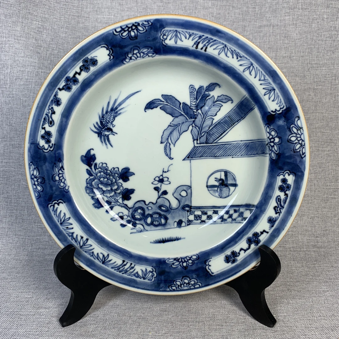 清代青花庭院花鸟盘古瓷器真品国营镇江市文物商店库出5239312
