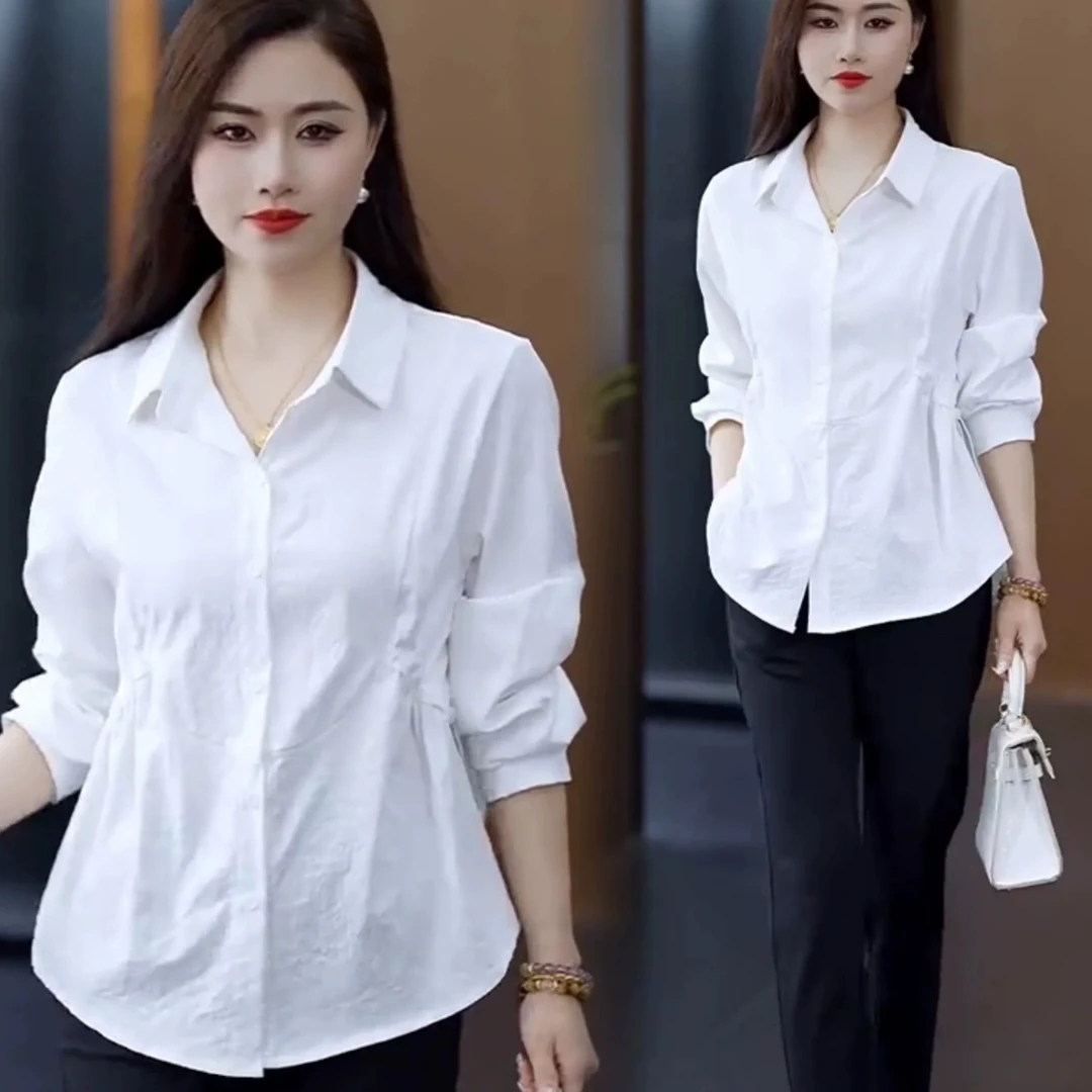 春秋新款女士衬衣洋气收腰衬衫宽松外穿长袖白色上衣大码显瘦