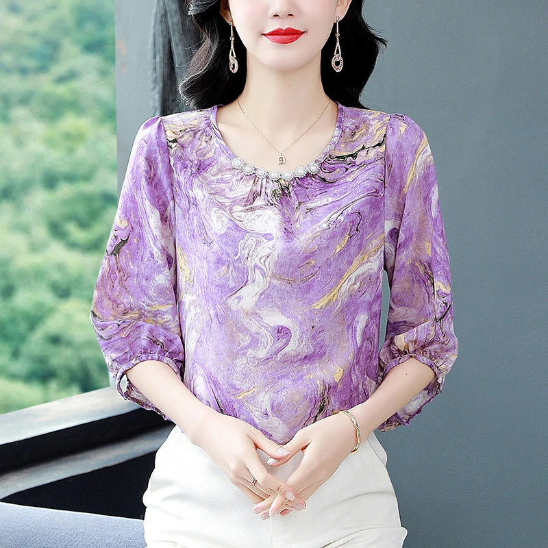 2025夏季新款文艺复古碎花雪纺衫女上衣七分袖洋气小衫