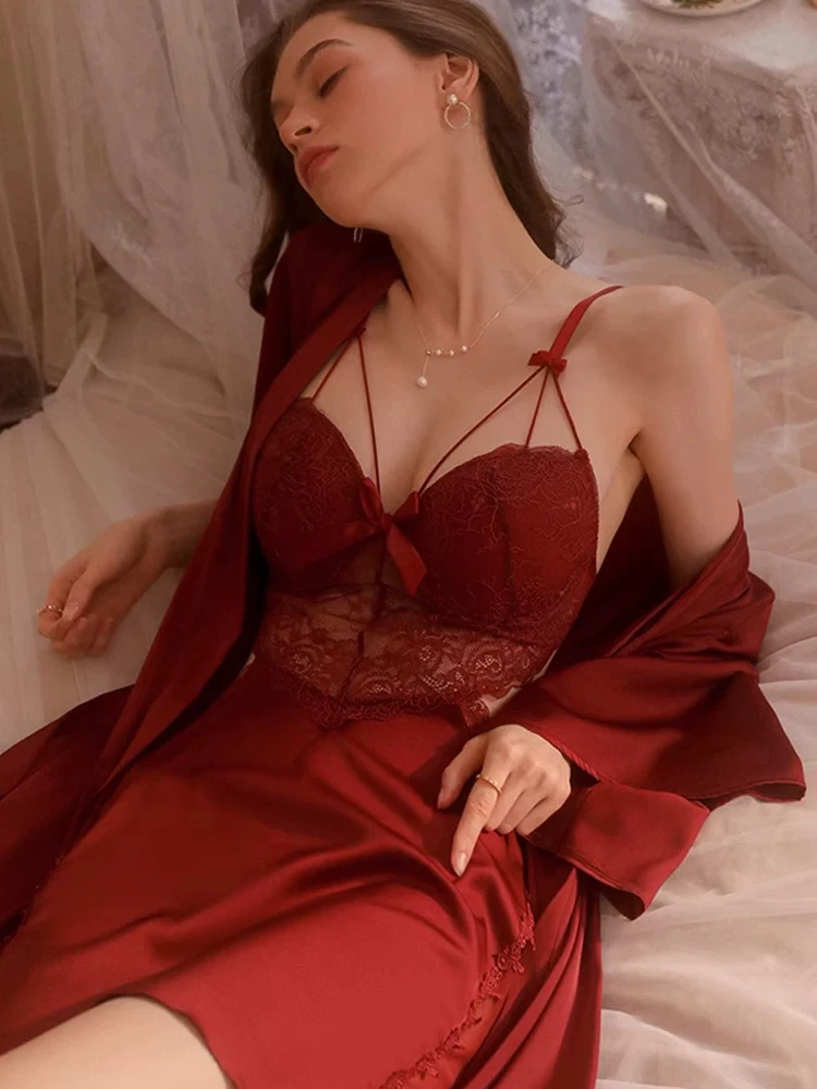 女王【80-200斤】大码露背吊带睡衣女系带外袍蕾丝舒适家居服