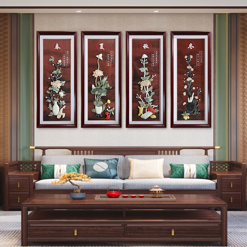 50/120厘米春夏秋冬四联画实木框带玻璃精品玉雕装饰挂画