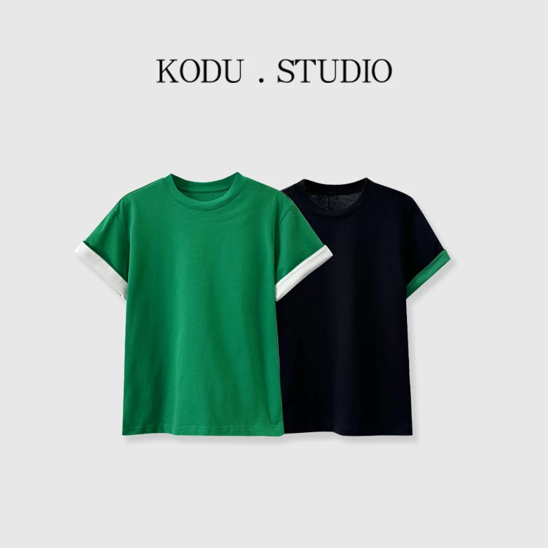 I【刻度KODU】QI-5191夏季新品小众别致百搭圆领撞色边纯色短袖T恤