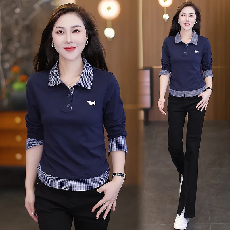 时尚设计感长袖T恤女2025秋新款简约气质POLO领假两件拼接上衣潮