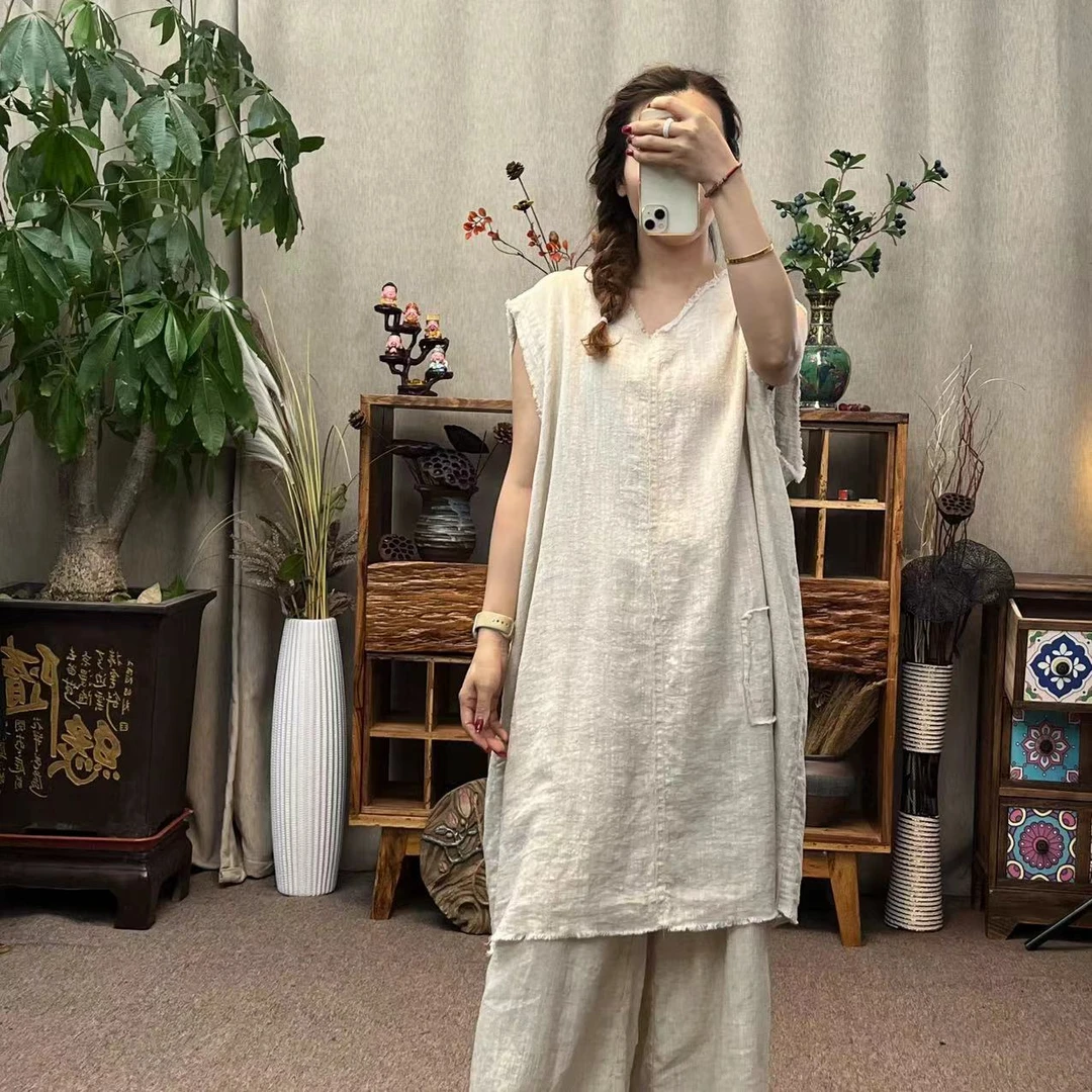 花璟与麻原创设计做旧拼接贴布毛边无袖连衣裙（裙长92胸围140）