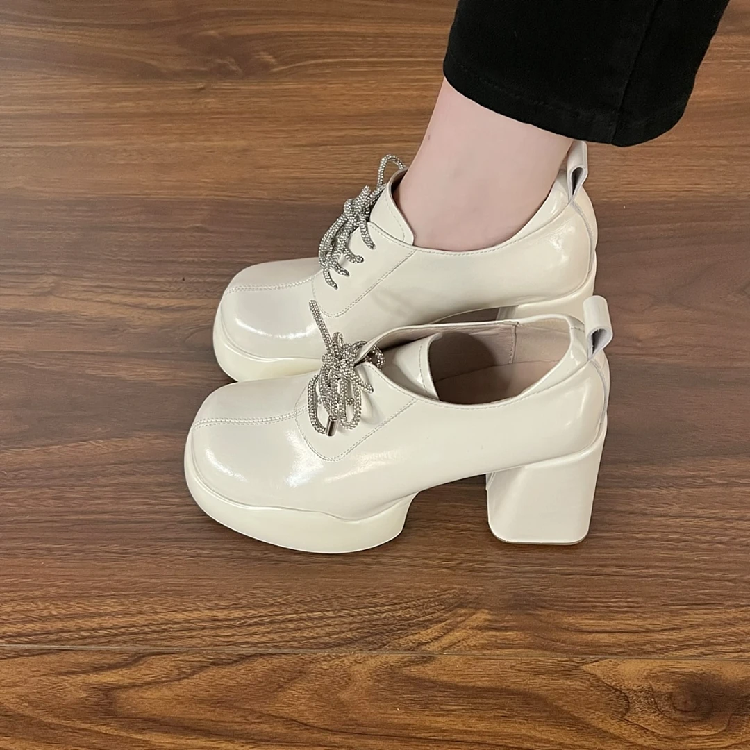 10cm圆头粗跟系带单鞋女新款防水台厚底通勤深口单鞋百搭时尚单鞋