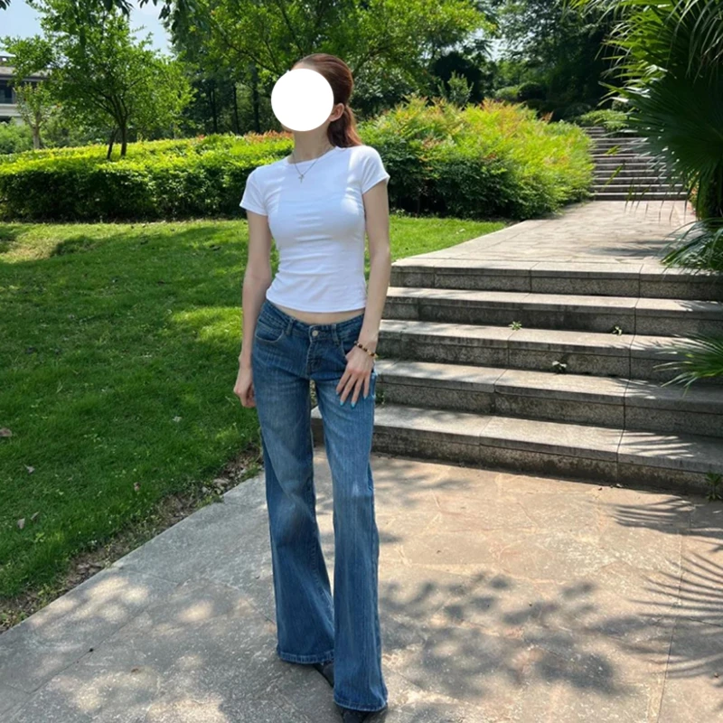 美式深蓝竹节纹低腰微喇牛仔裤女夏季新款慵懒感宽松显瘦喇叭裤子