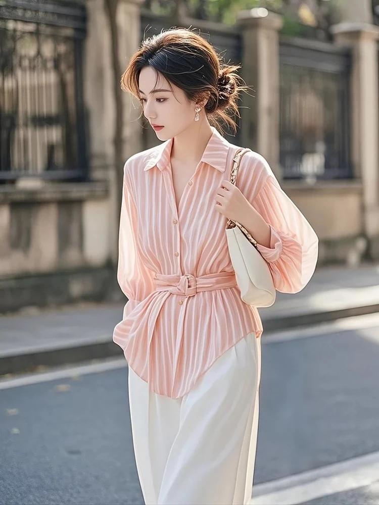 SS830新款爆款独特漂亮小衫法式轻奢高级感粉色条纹衬衫上衣