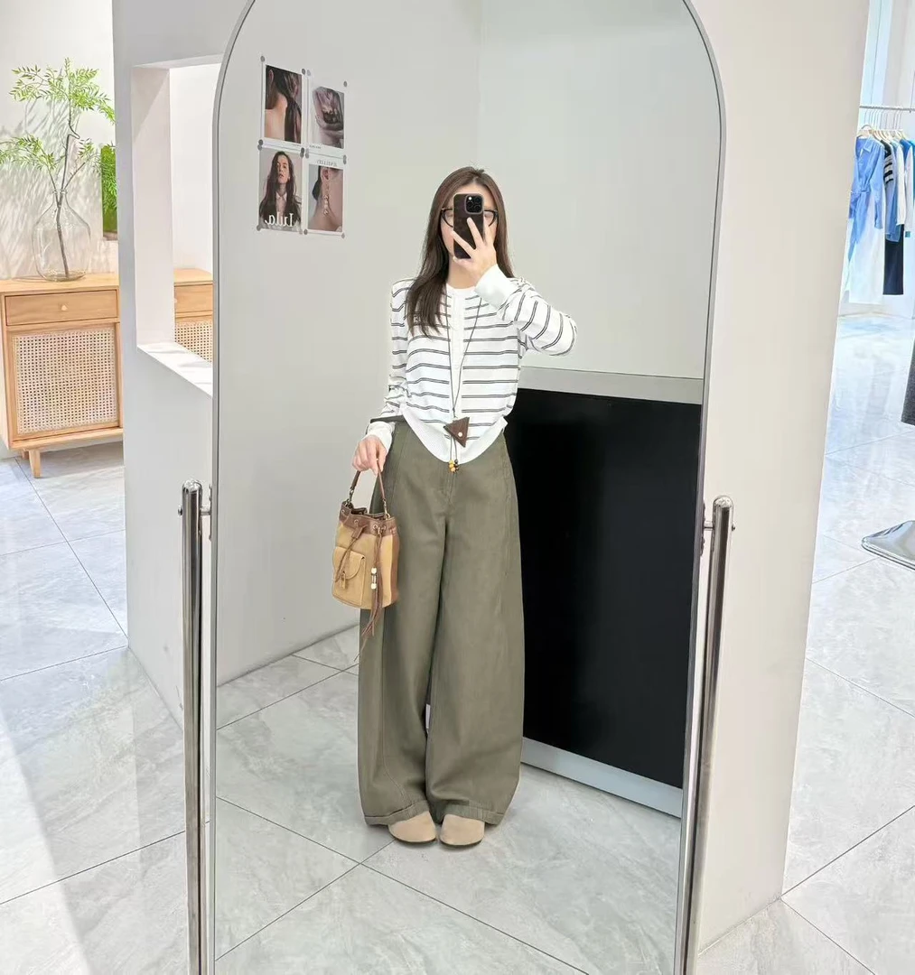 2025秋季新款韩系撞色针织衫女显瘦百搭开衫上衣休闲阔腿裤两件套