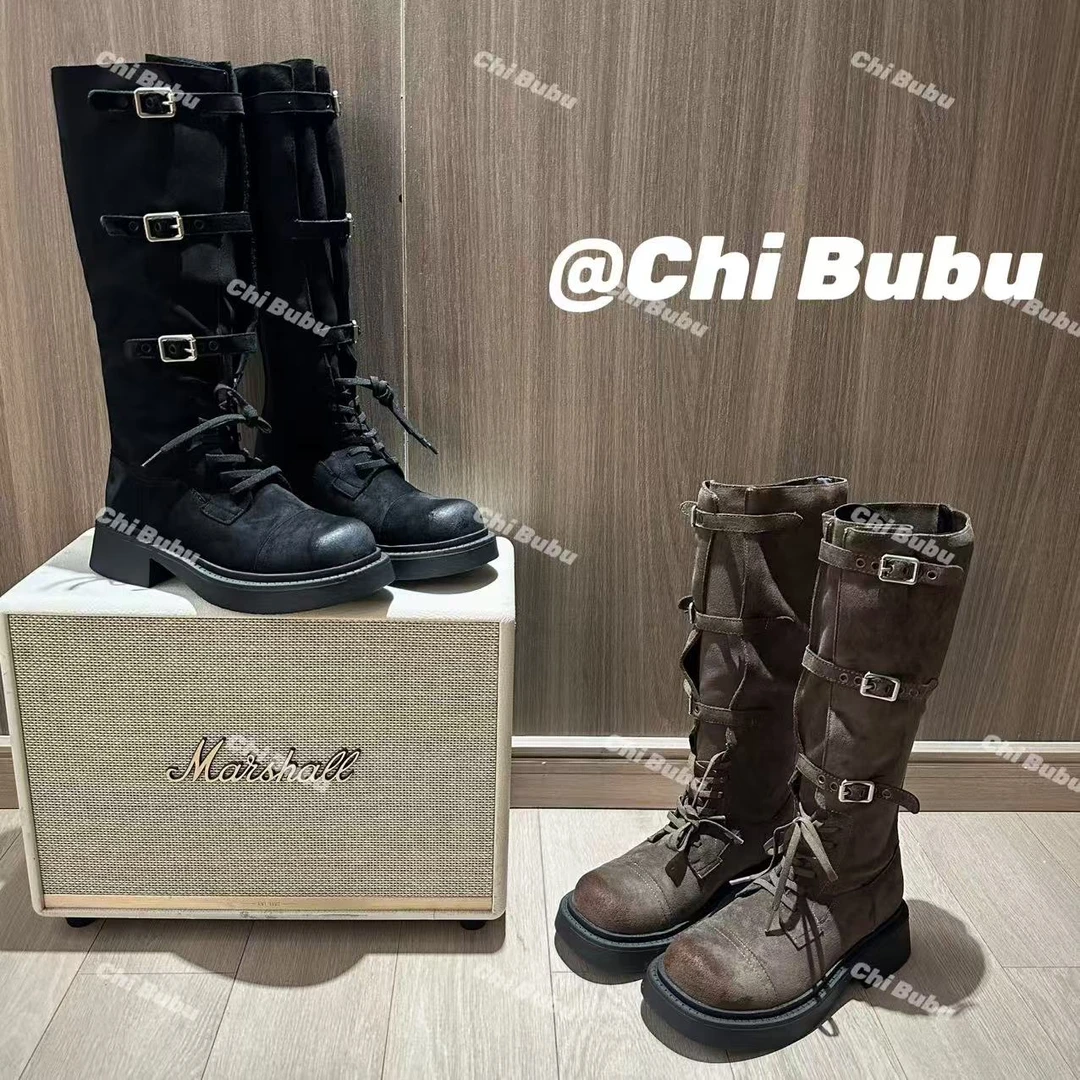 CHIBUBU时尚复古风擦色系带皮带扣长筒靴堆堆靴小众百搭骑士靴