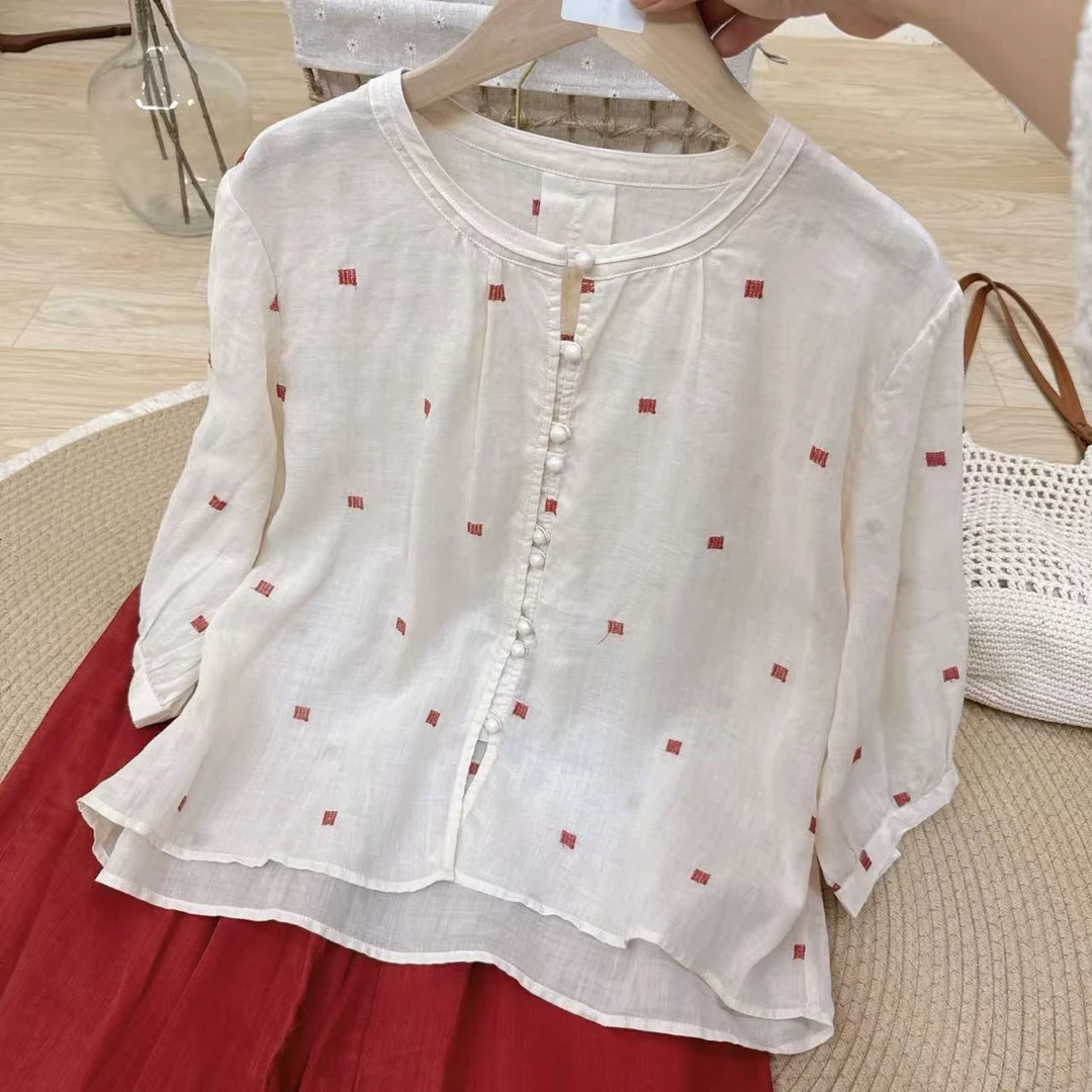 薄款刺绣女女士夏季波点刺绣衬衫夏款上衣小衫慵懒风