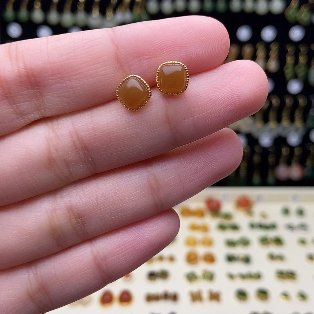 和田玉银S925镶嵌耳饰