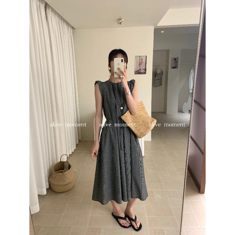 51017#ALIVE#日韩版文艺复古小飞袖格纹背心连衣裙（福利）