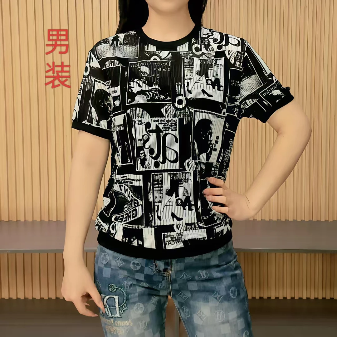 2025夏季新款男士冰丝镂空T恤时尚百搭薄款潮流休闲短袖男印花