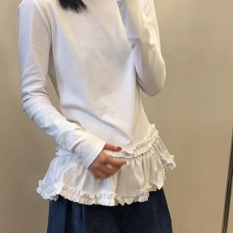 韩系芭蕾风花边拼接长袖T恤女春季圆领小衫收腰显瘦内搭打底上衣