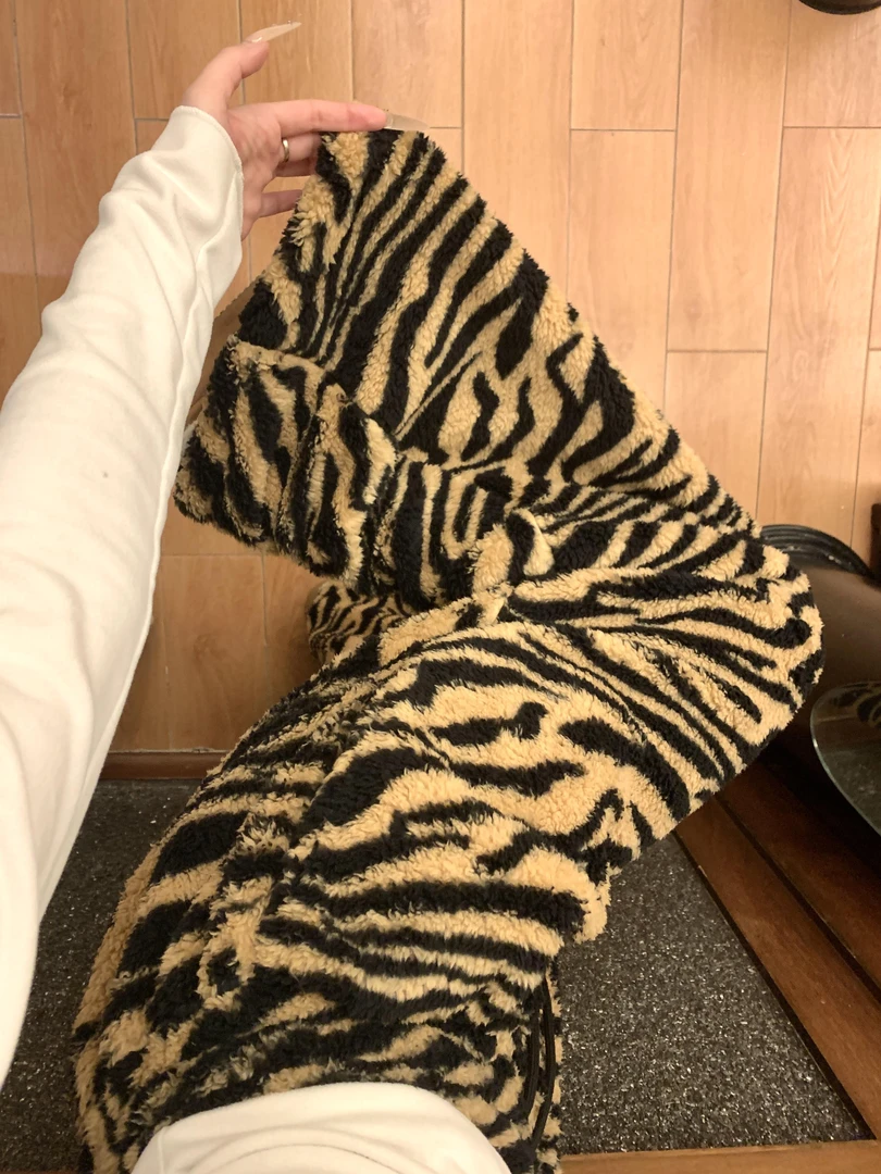 美式高街虎纹毛绒裤子女秋冬季新款加厚宽松百搭显瘦慵懒风阔腿裤