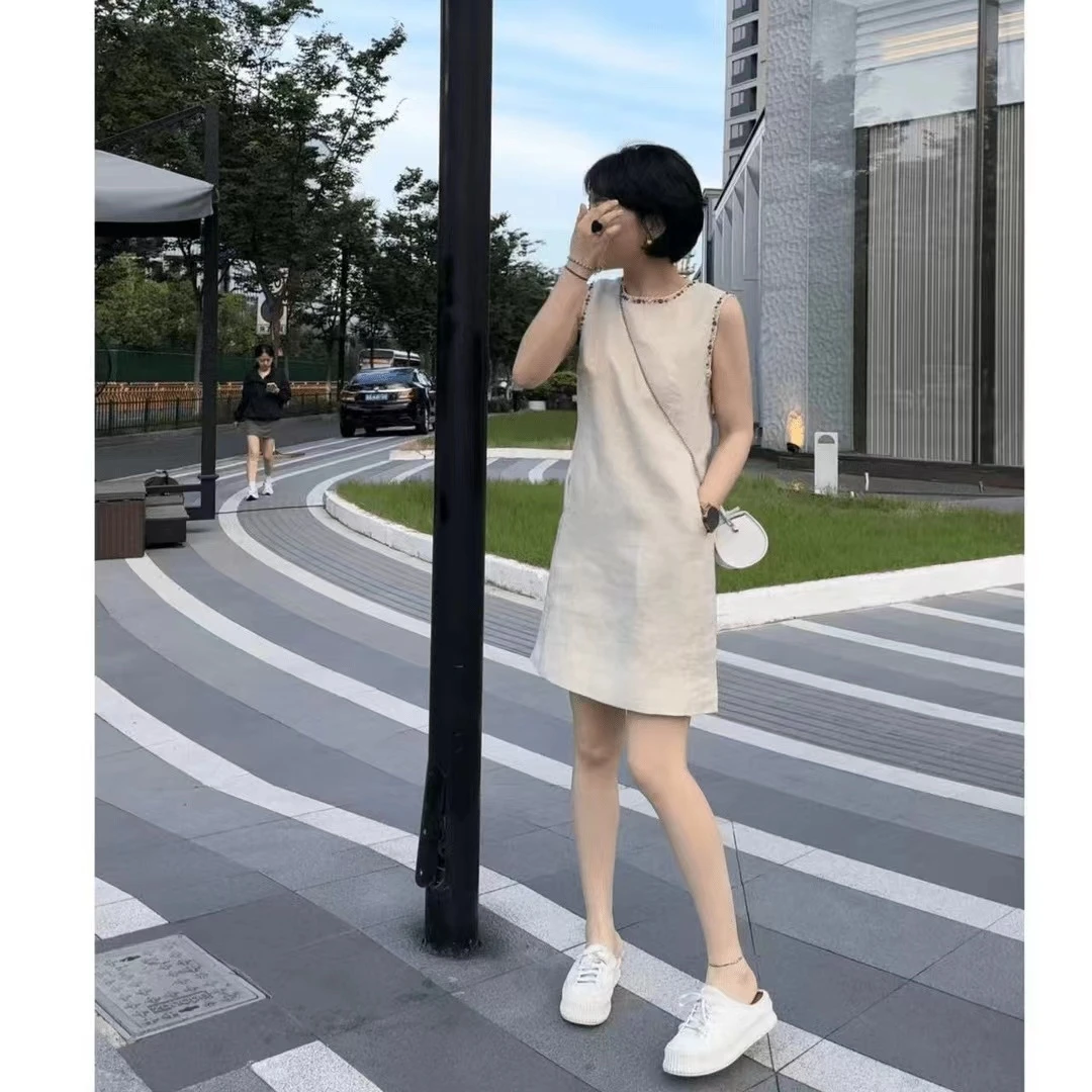【囡囡宠粉版】钉珠圆领无袖背心裙夏季新款气质宽松亚麻连衣裙0722