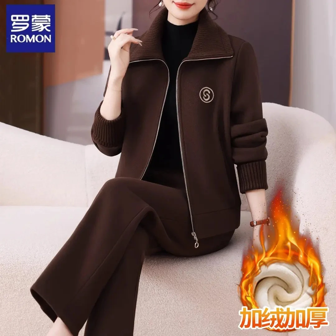 罗蒙妈妈冬装加绒外套两件套中老年女装秋冬大码50岁60运动服套装