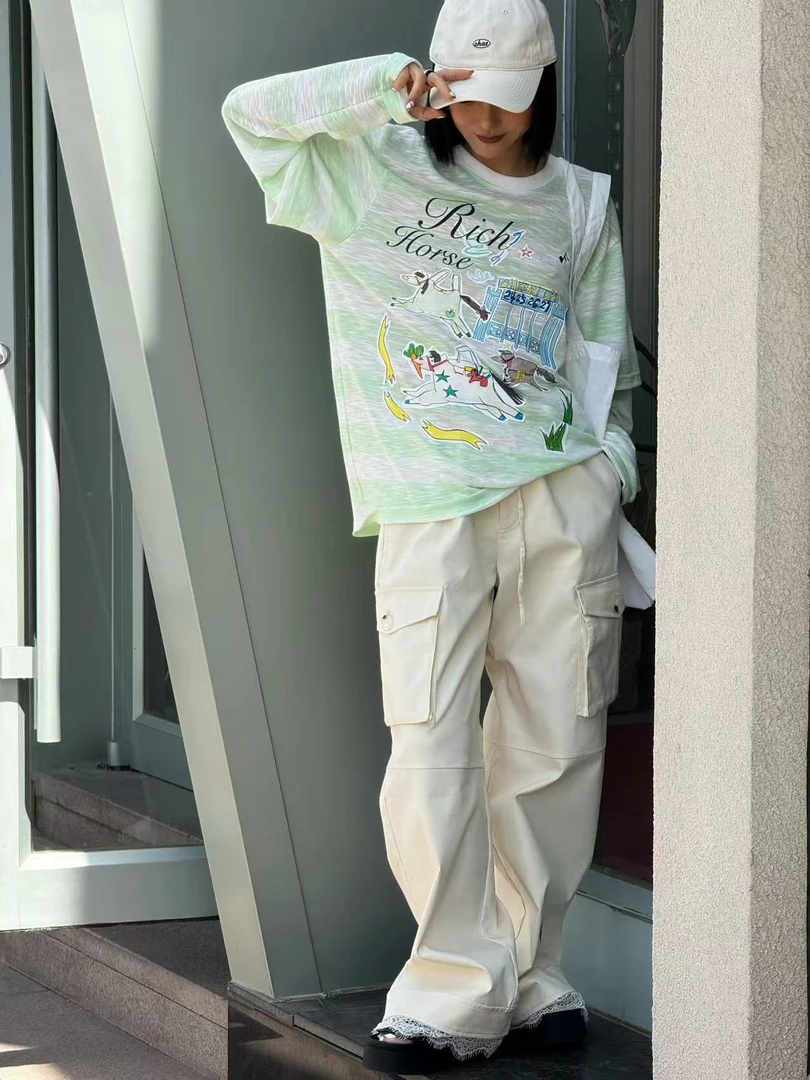 CHEERiUPi名牌赛马包假两件长袖T绿白条纹女款宽松时尚休闲