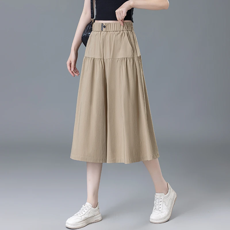 2025新款冰丝松紧腰女士休闲大码高腰显瘦中长款垂感宽松阔腿裙裤