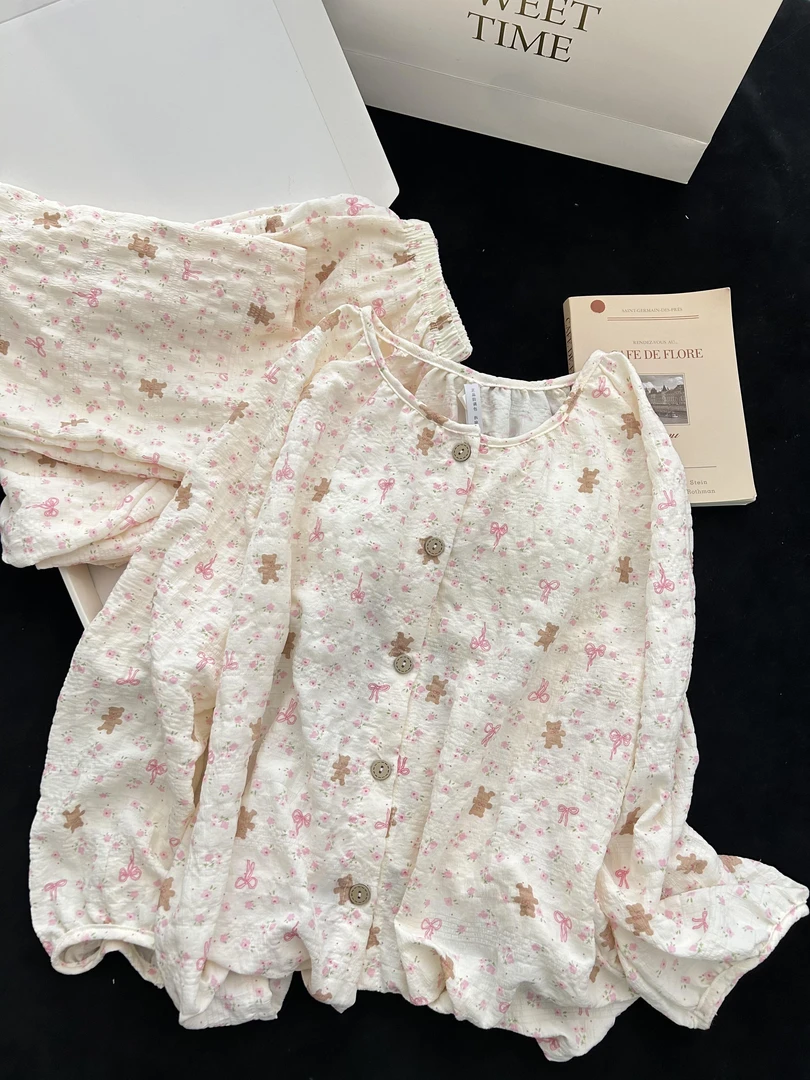 带胸垫日系ins新款卡通可爱睡衣女春秋季长袖长裤圆领大码家居服