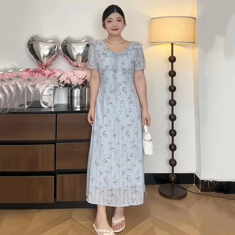大码女装胖mm法式茶歇荷叶领碎花连衣裙2025夏季气质显瘦减龄长裙
