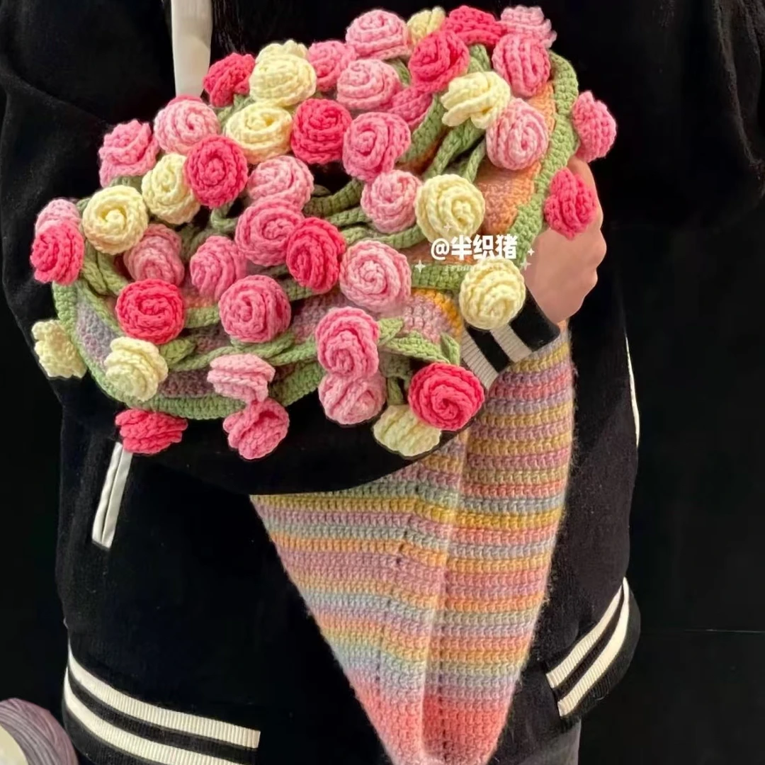 琉璃云花束毯子手工diy钩针编织玫瑰花毯子非成品毛线包