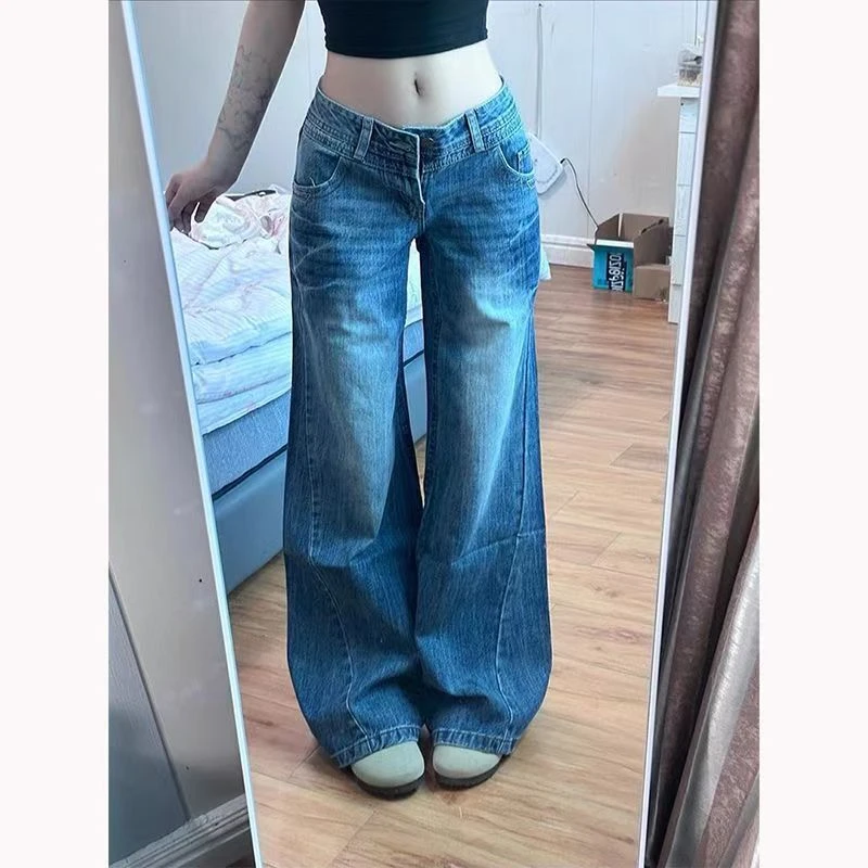 美式复古辣妹低腰直筒阔腿显高显瘦春夏拖地裤子休闲百搭牛仔裤潮